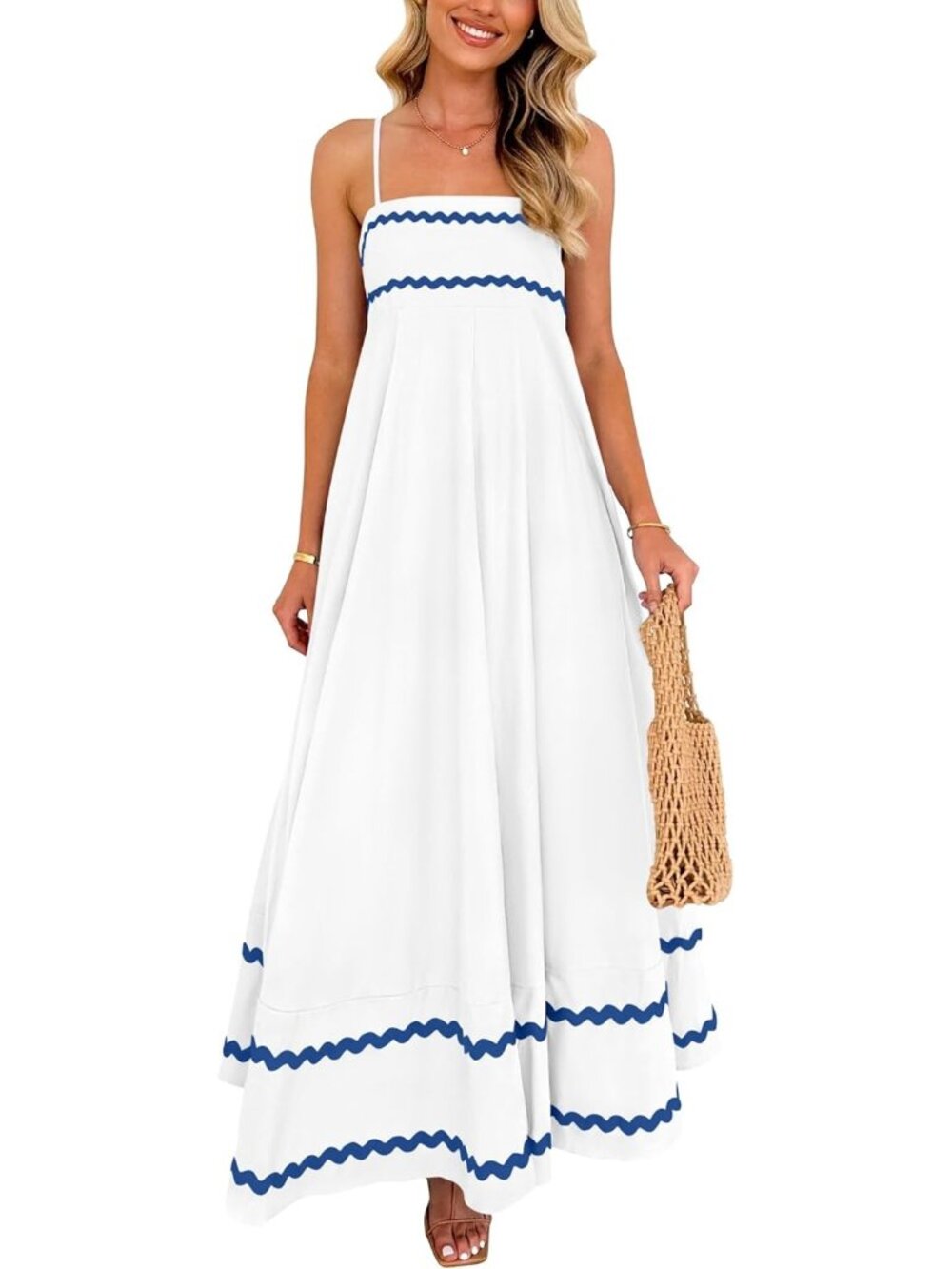 Women's White Summer Flowy Maxi Dress Casual Sleeveless Spaghetti Strap Dress